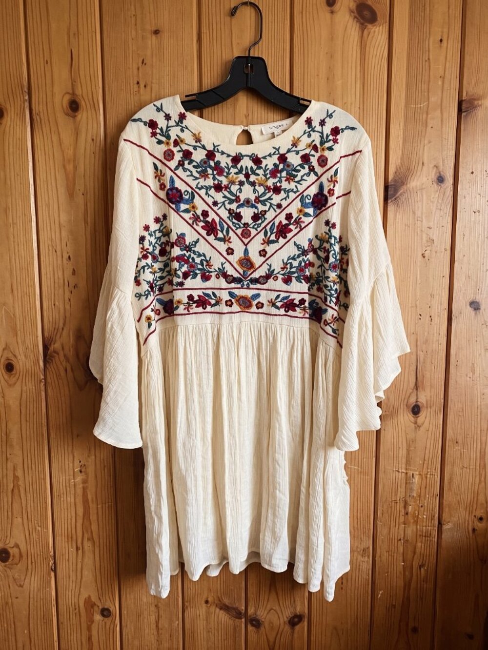 Umgee Floral Embroidered Bell-Sleeve Tunic Dress / Babydoll Top